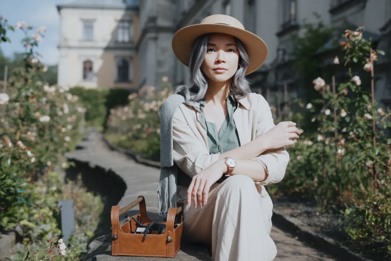 Naomi, founder of Palmelle, photographed in a rose garden.